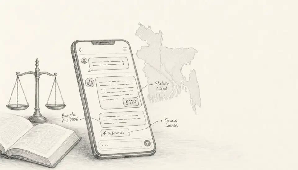 Hand-drawn sketch of labour-law chat interface with statute citations